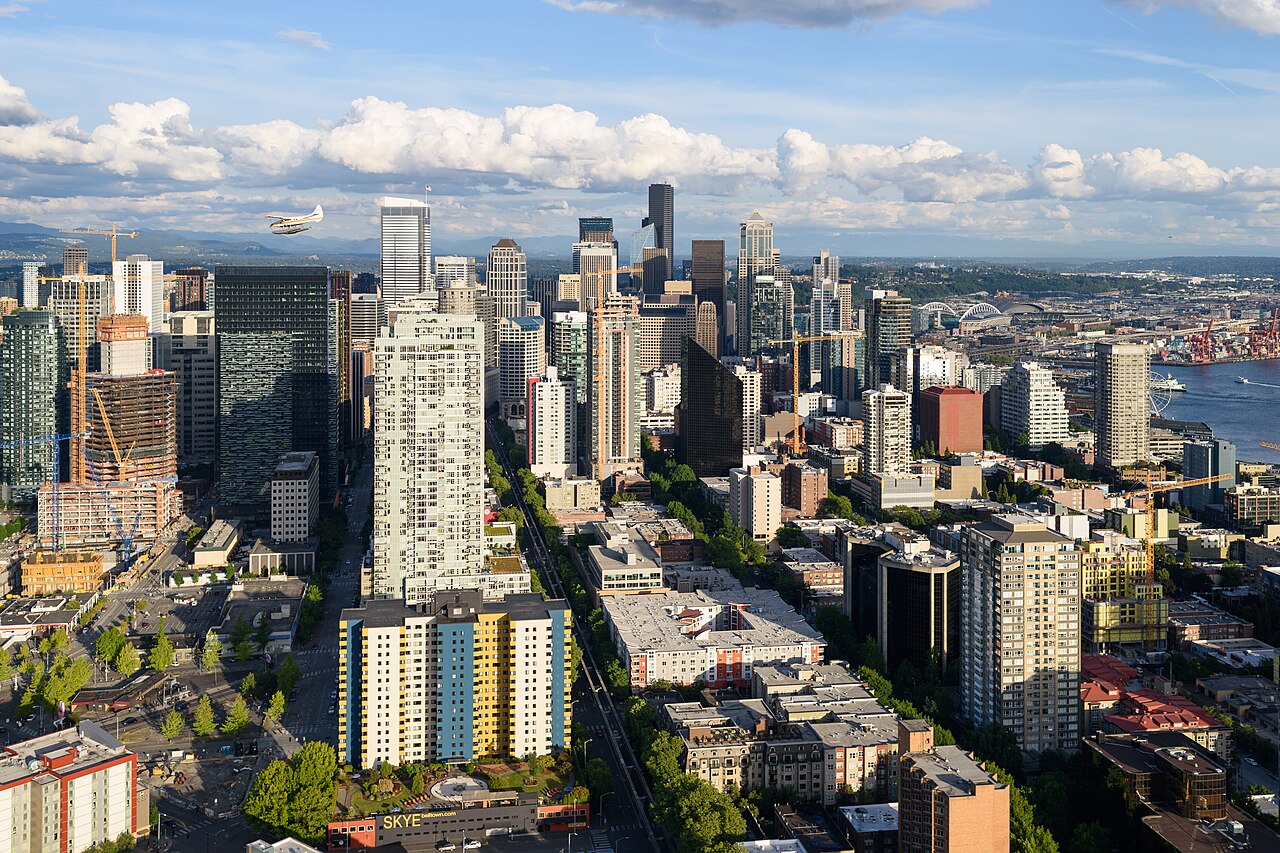 Space Needle tower against Seattle skyline